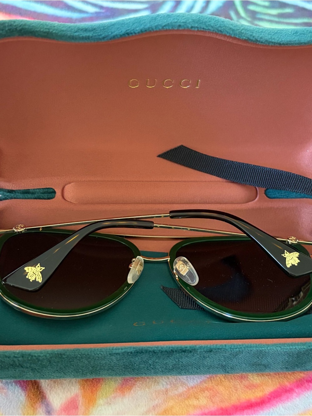 Gucci Men's Dark Green Frame Sunglasses with Gold Details